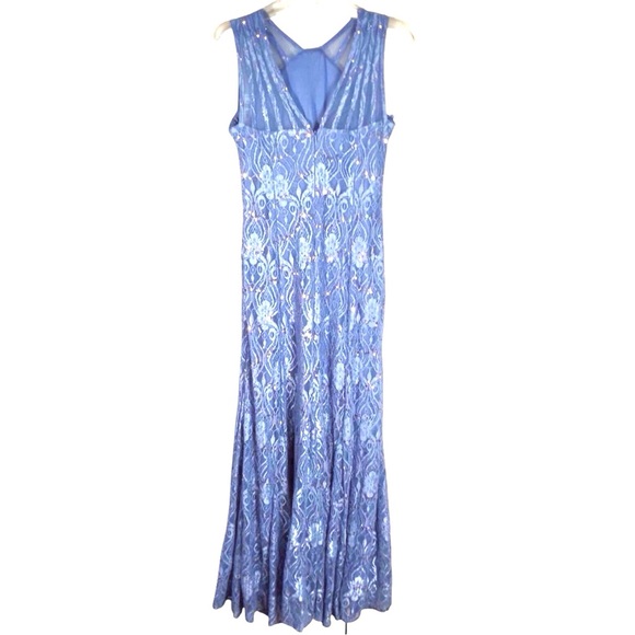 R And M Richards Blue Sequined Lace Gown with Sheer Inserts Size 18 - Picture 4 of 9
